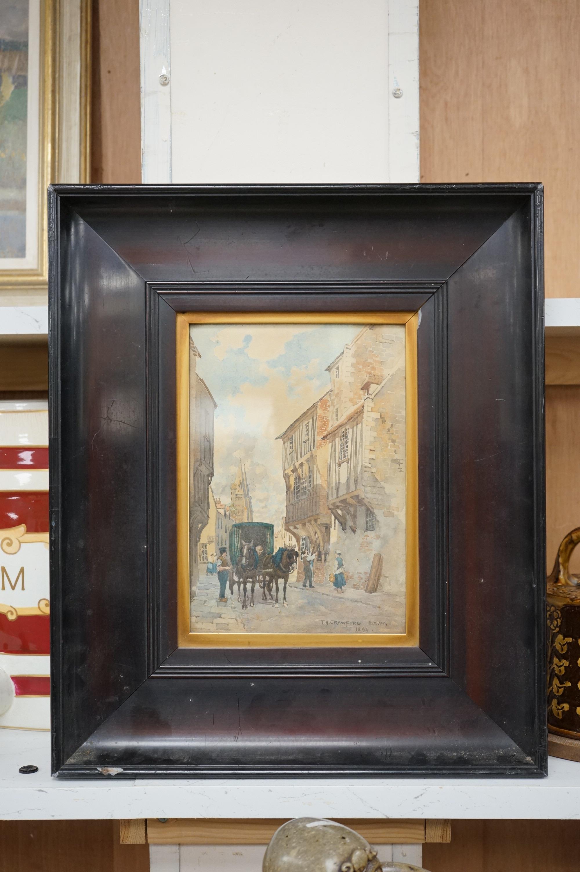 Thomas Hamilton Crawford RSW (1860-1934), watercolour, Street scene with horse and cart, signed and dated 1894, 24 x 17cm, housed in an ebonised frame